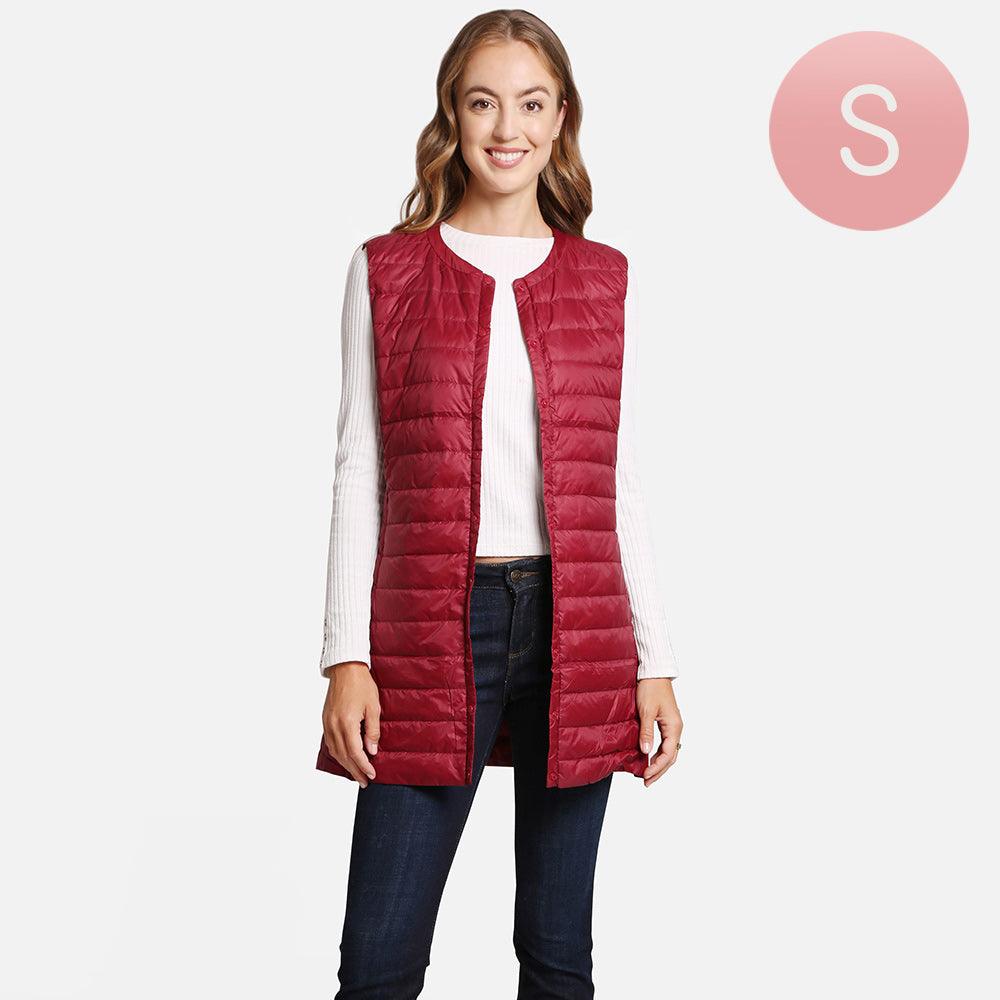 Burgundy Solid Light Long Puffer Front Pockets Button Vest