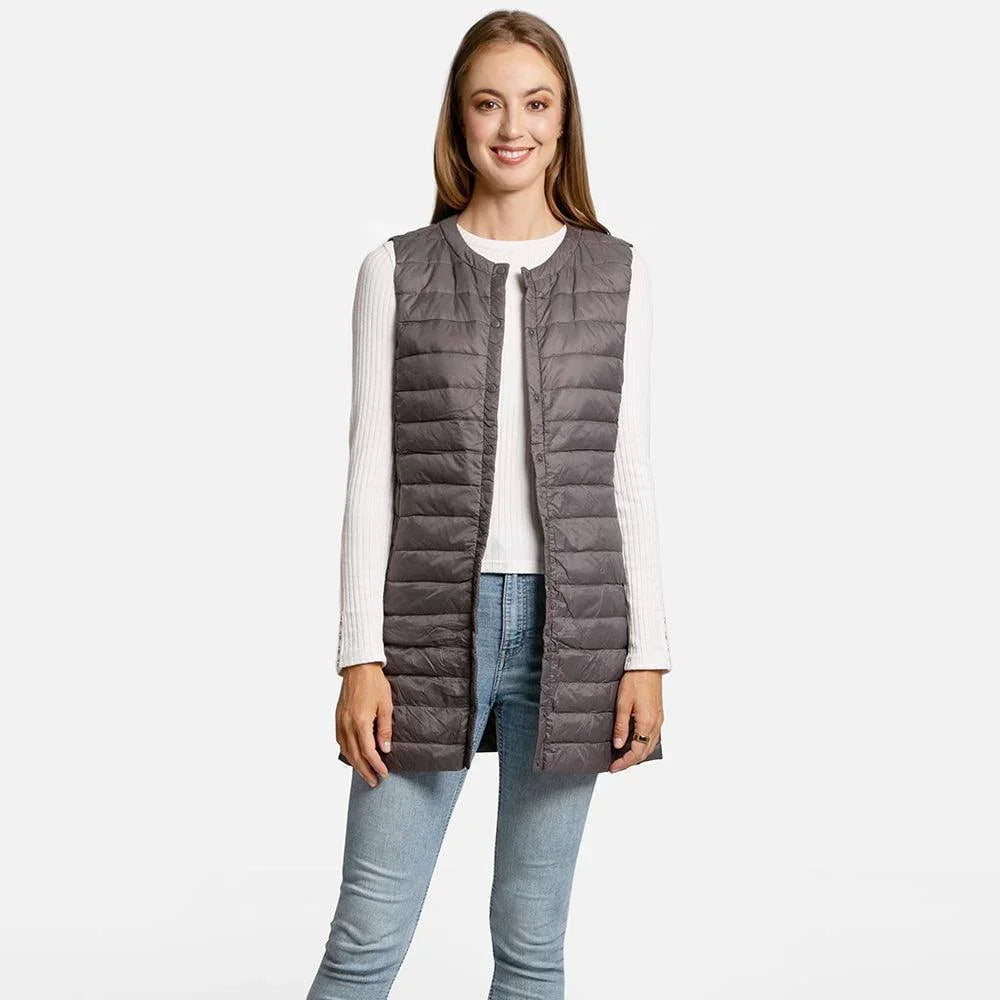 Gray Solid Front Pockets Light Long Puffer Button Vest - Jewelry Store by Erik Rayo