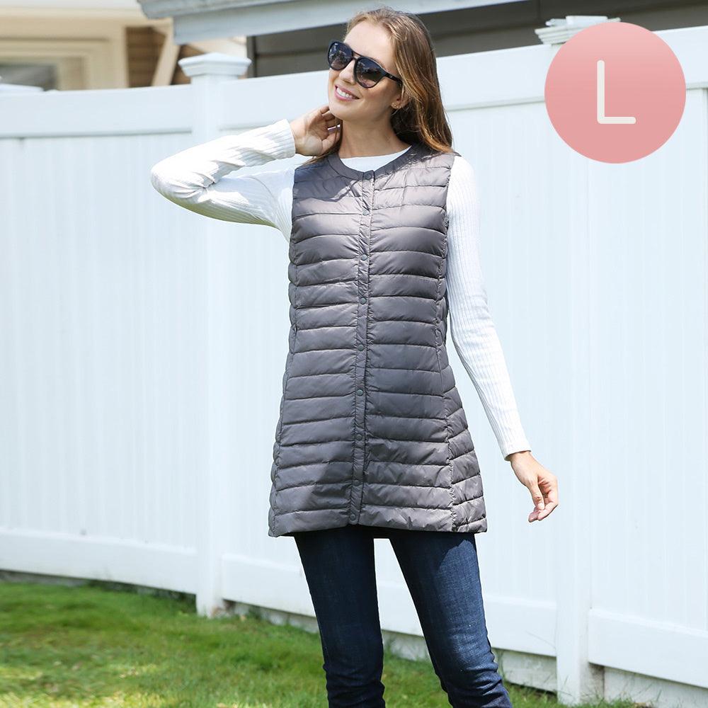 Gray Solid Front Pockets Light Long Puffer Button Vest