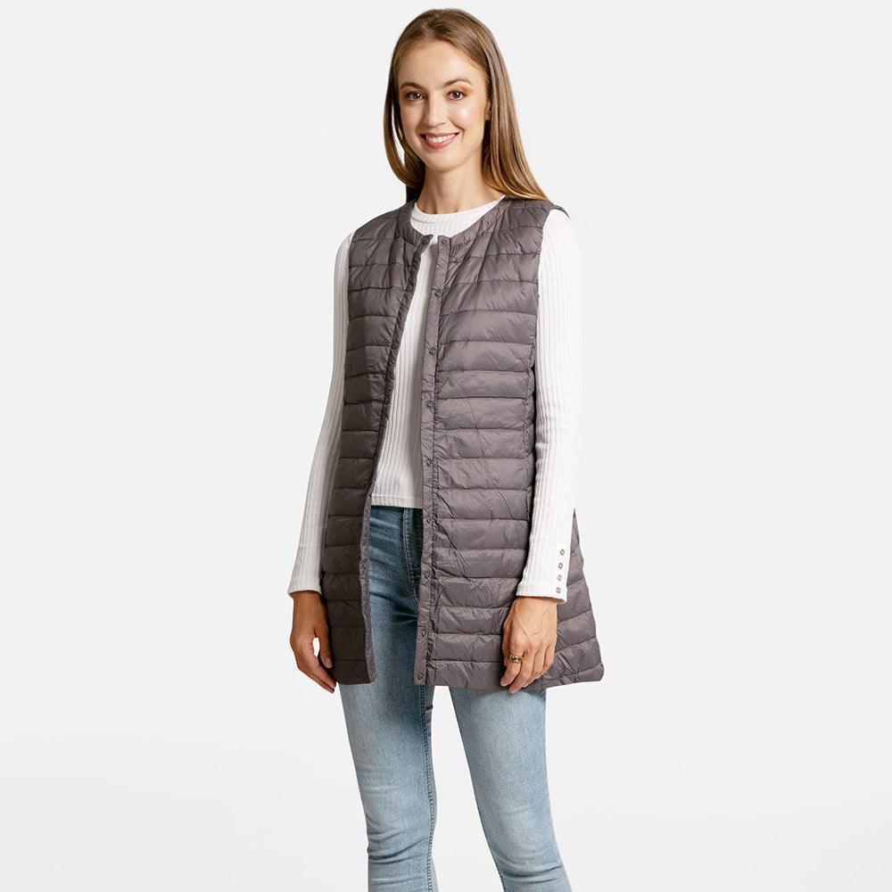 Gray Solid Front Pockets Light Long Puffer Button Vest - Jewelry Store by Erik Rayo