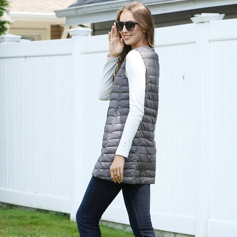 Gray Solid Light Long Puffer Front Pockets Button Vest - Jewelry Store by Erik Rayo