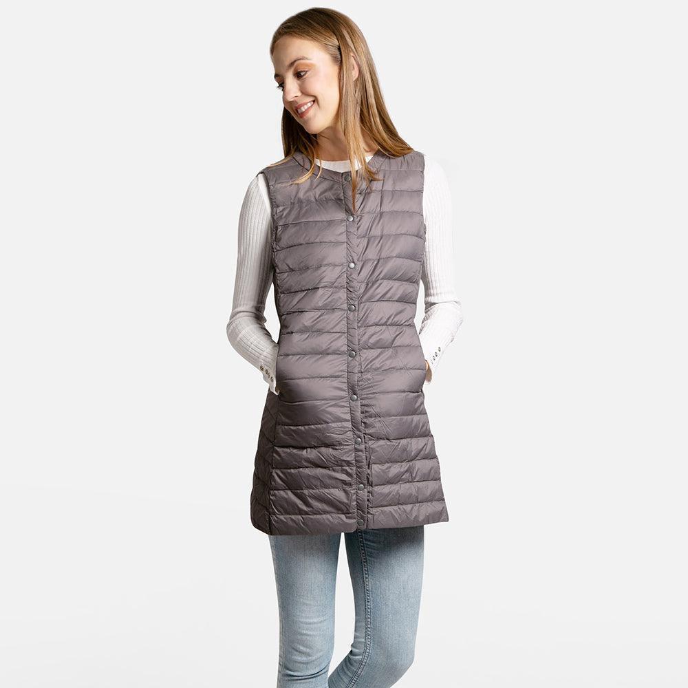 Gray Solid Light Long Puffer Front Pockets Button Vest - Jewelry Store by Erik Rayo