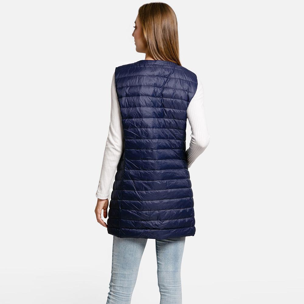 Navy Solid Front Pockets Light Long Puffer Button Vest - Jewelry Store by Erik Rayo
