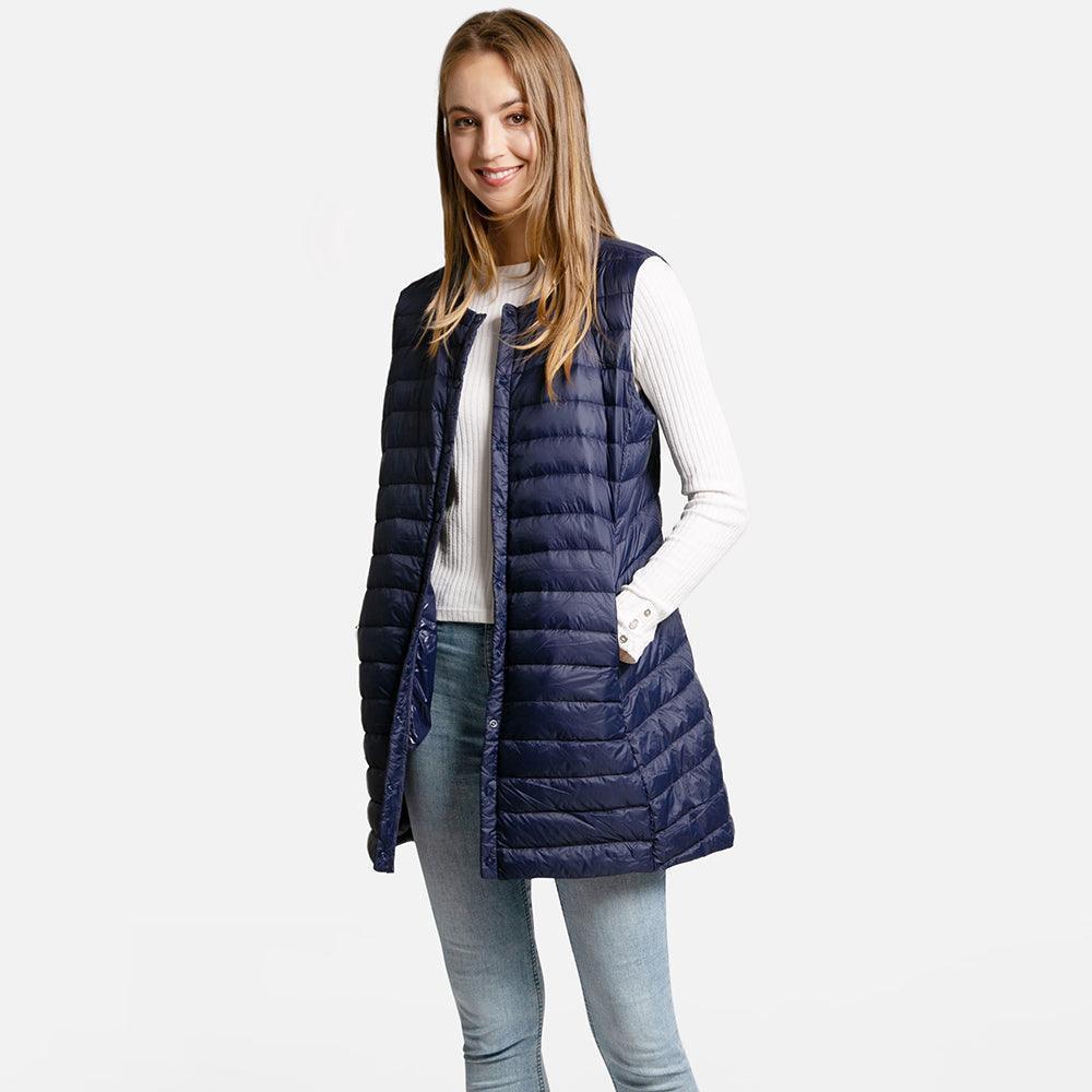 Navy Solid Front Pockets Light Long Puffer Button Vest - Jewelry Store by Erik Rayo