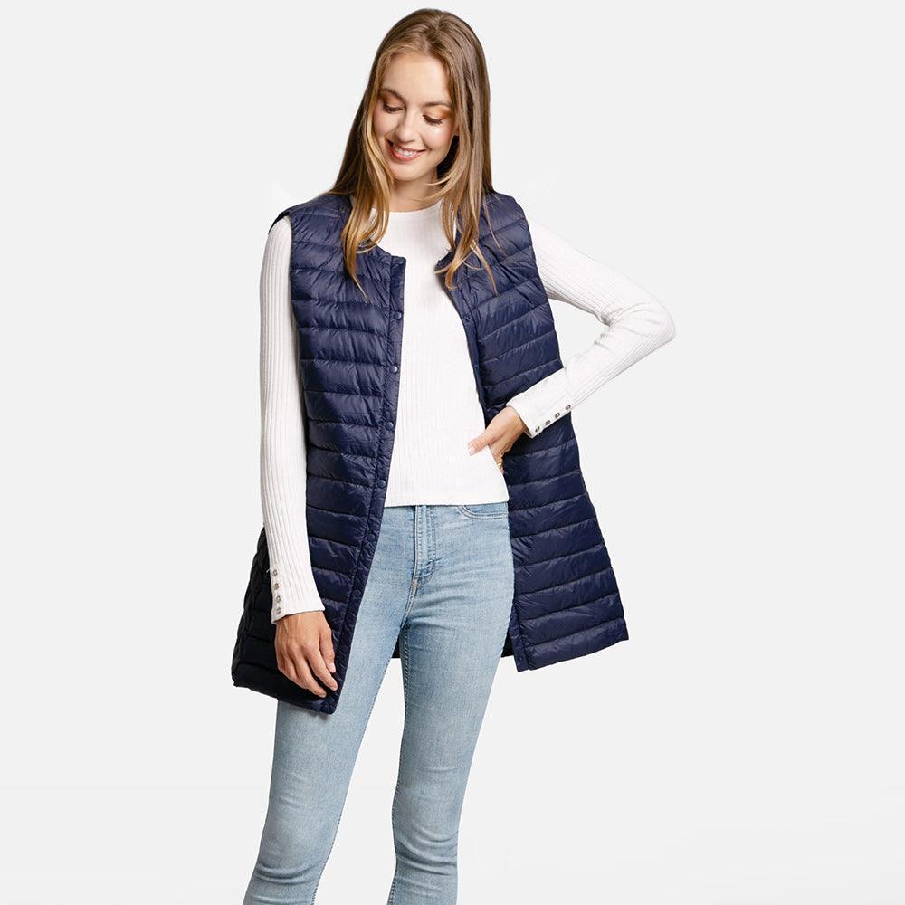 Navy Solid Front Pockets Light Long Puffer Button Vest - Jewelry Store by Erik Rayo