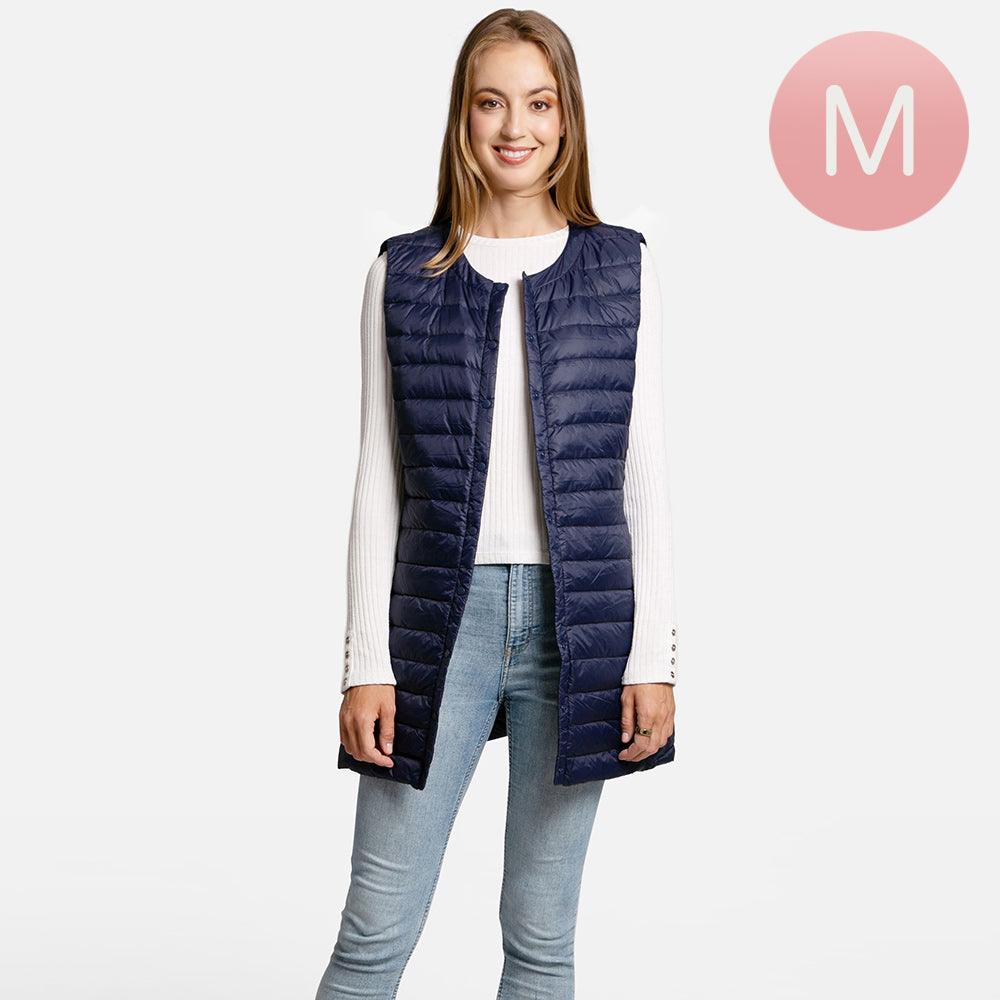 Navy Solid Front Pockets Light Long Puffer Button Vest