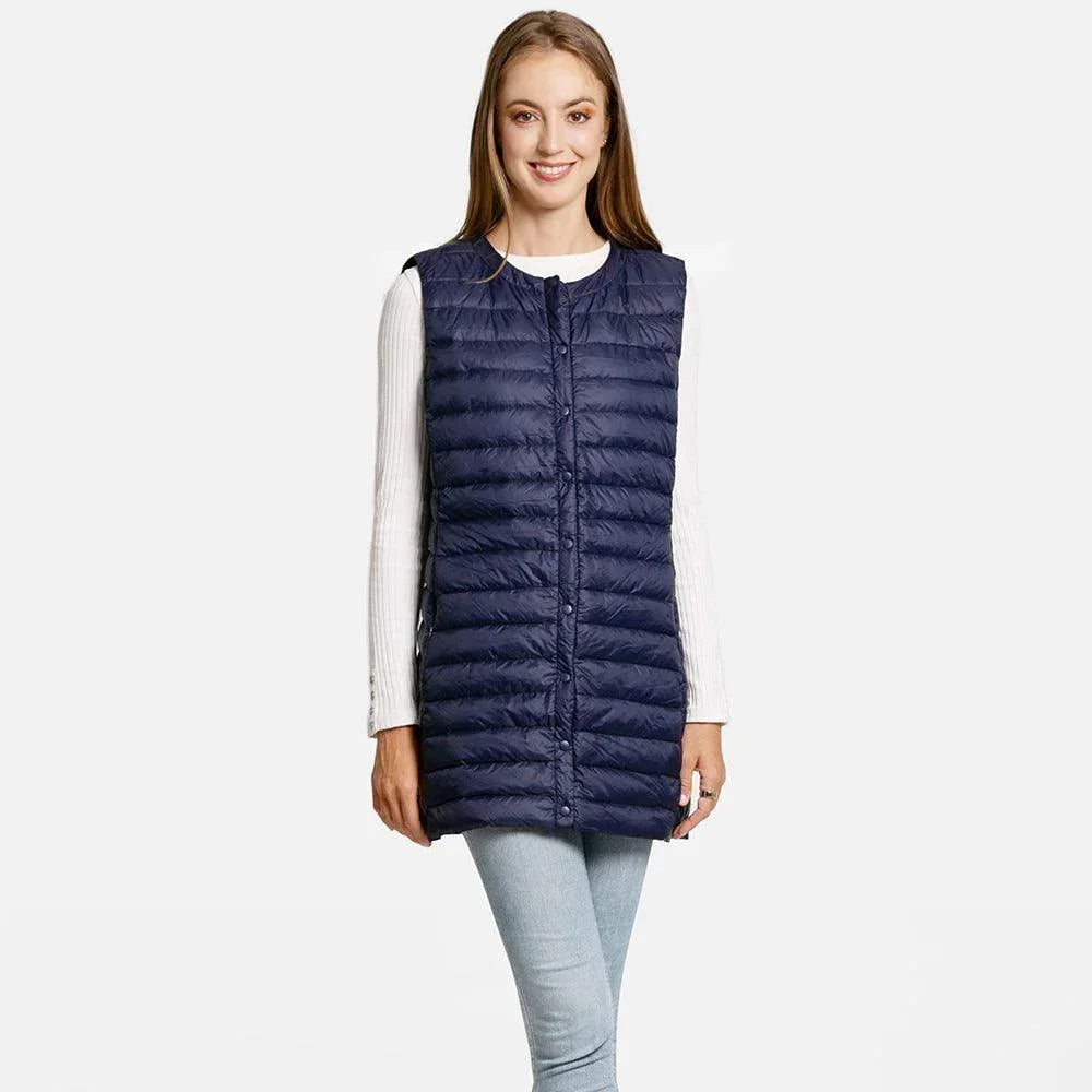 Navy Solid Light Long Puffer Front Pockets Button Vest - Jewelry Store by Erik Rayo
