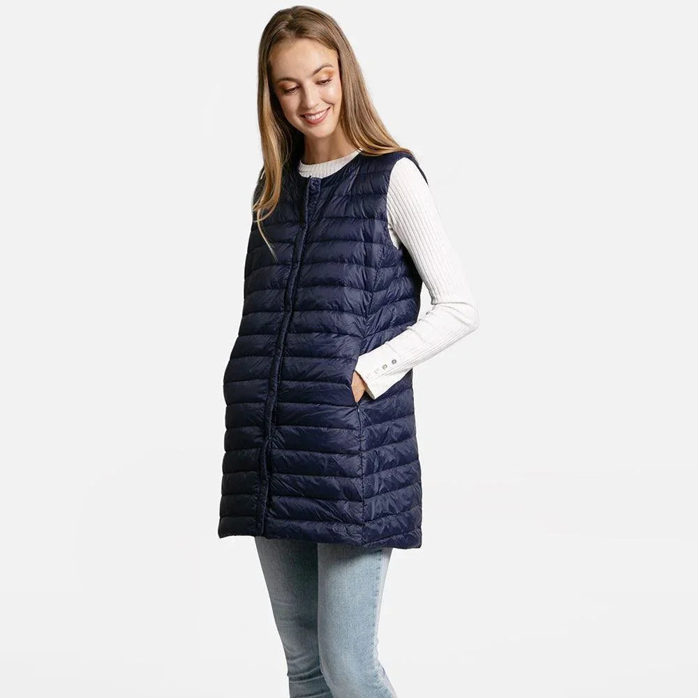 Navy Solid Light Long Puffer Front Pockets Button Vest - Jewelry Store by Erik Rayo
