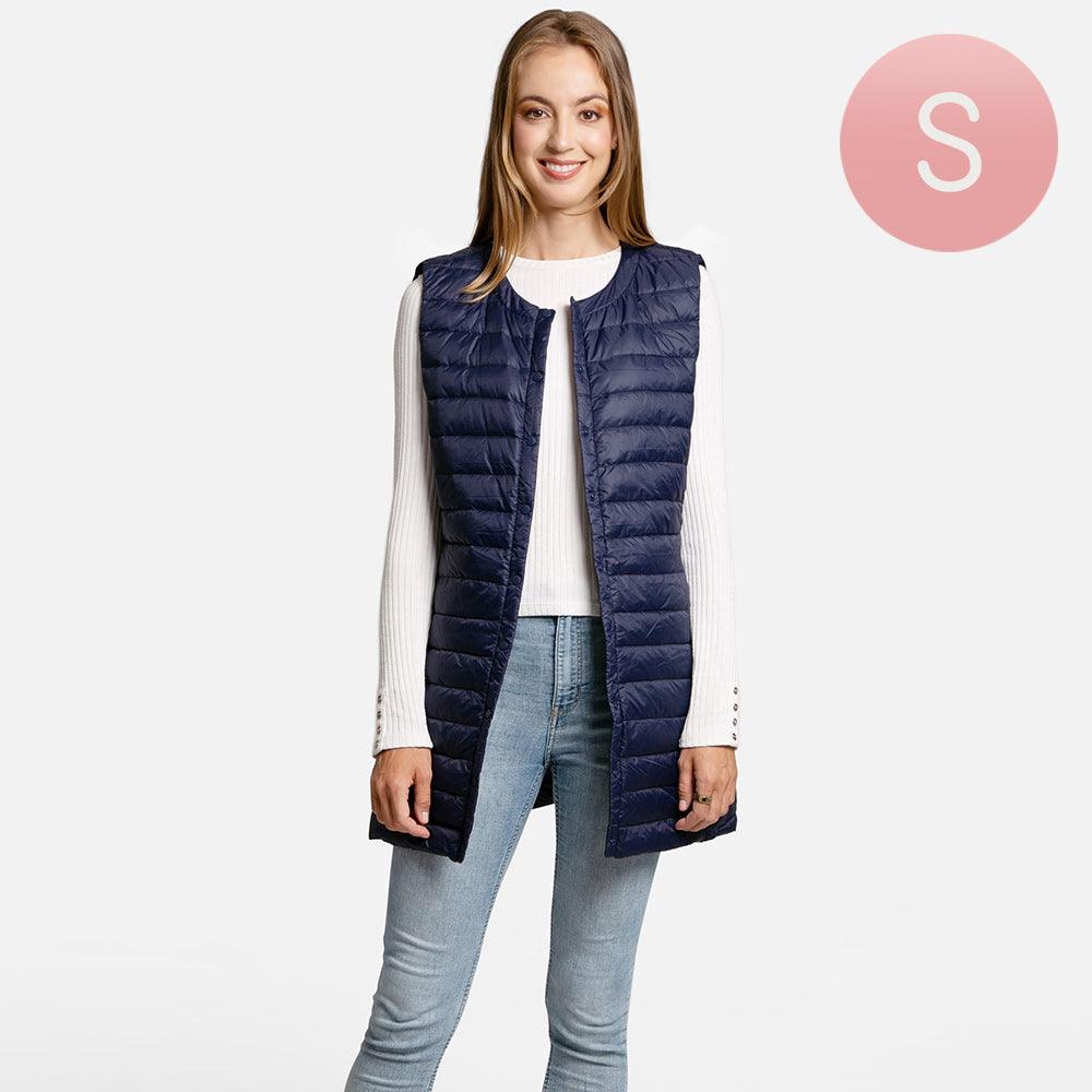 Navy Solid Light Long Puffer Front Pockets Button Vest