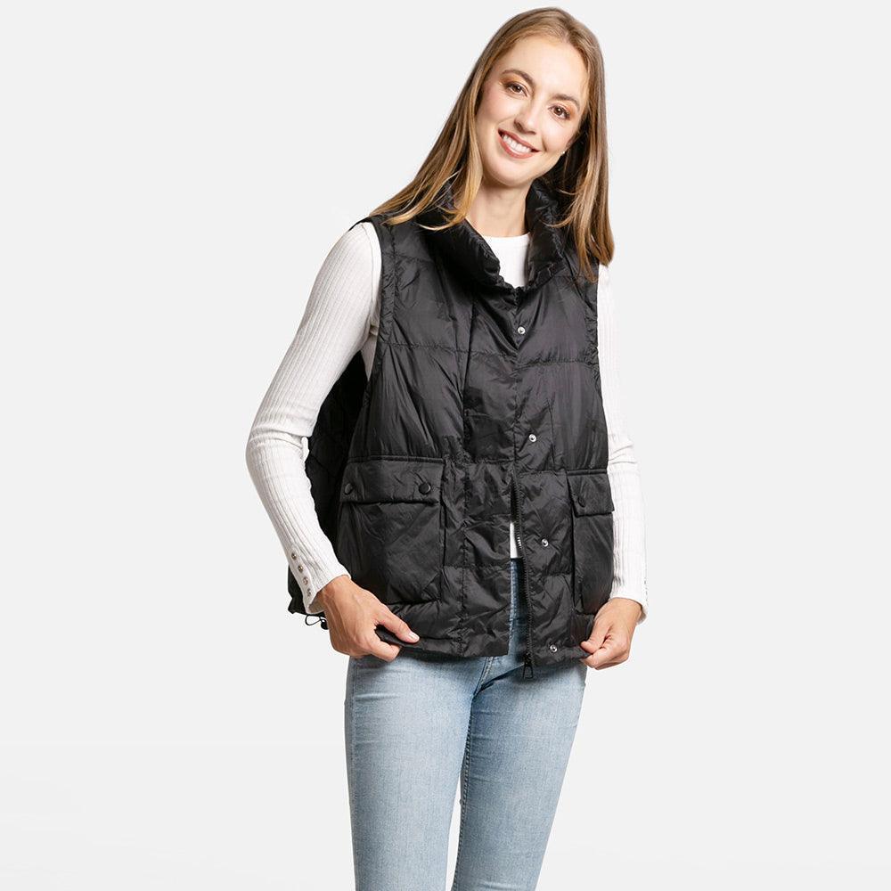 Black Solid Light Front Pockets Button Short Adjustable Vest - Jewelry Store by Erik Rayo