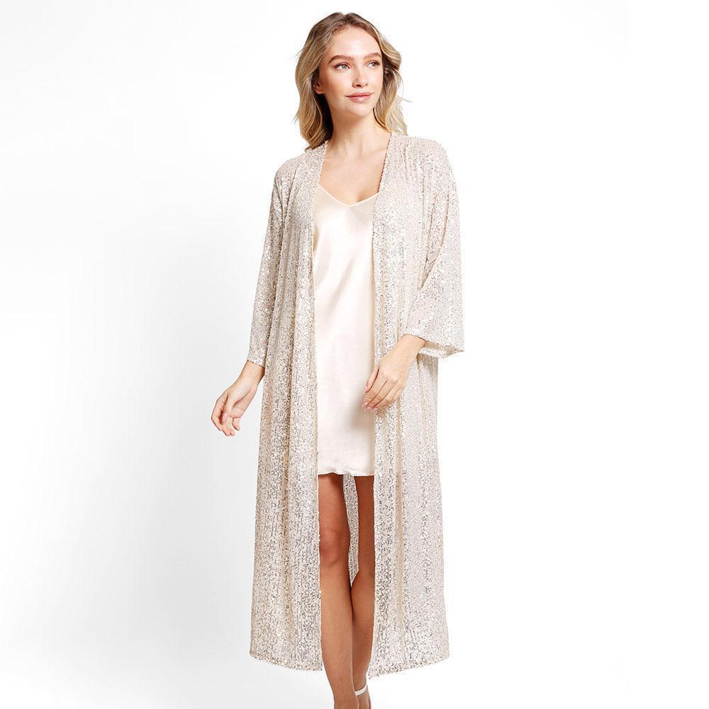 Beige Sequin Long Cover-Up Kimono Poncho - Jewelry Store by Erik Rayo