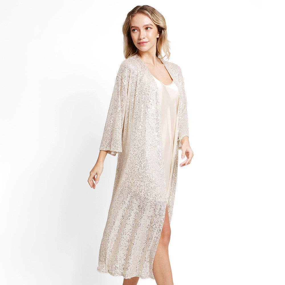 Beige Sequin Long Cover-Up Kimono Poncho - Jewelry Store by Erik Rayo