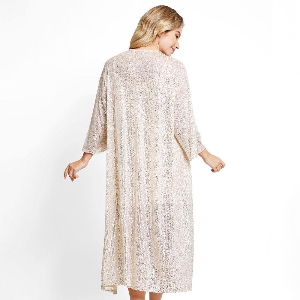 Beige Sequin Long Cover-Up Kimono Poncho - Jewelry Store by Erik Rayo