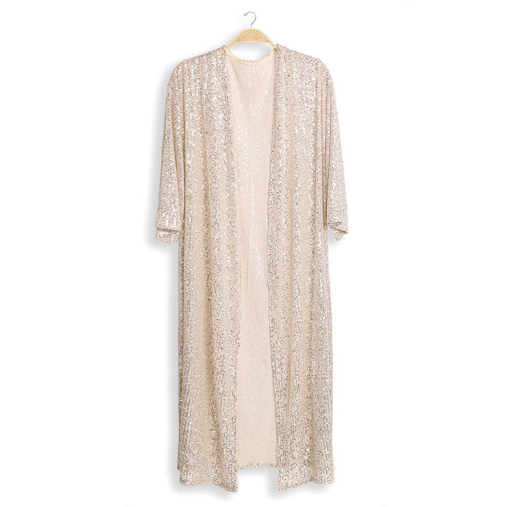 Beige Sequin Long Cover-Up Kimono Poncho - Jewelry Store by Erik Rayo