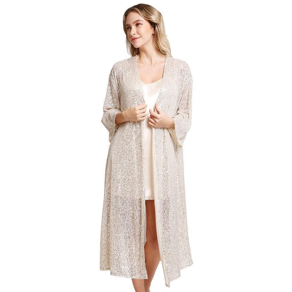 Beige Sequin Long Cover-Up Kimono Poncho - Jewelry Store by Erik Rayo