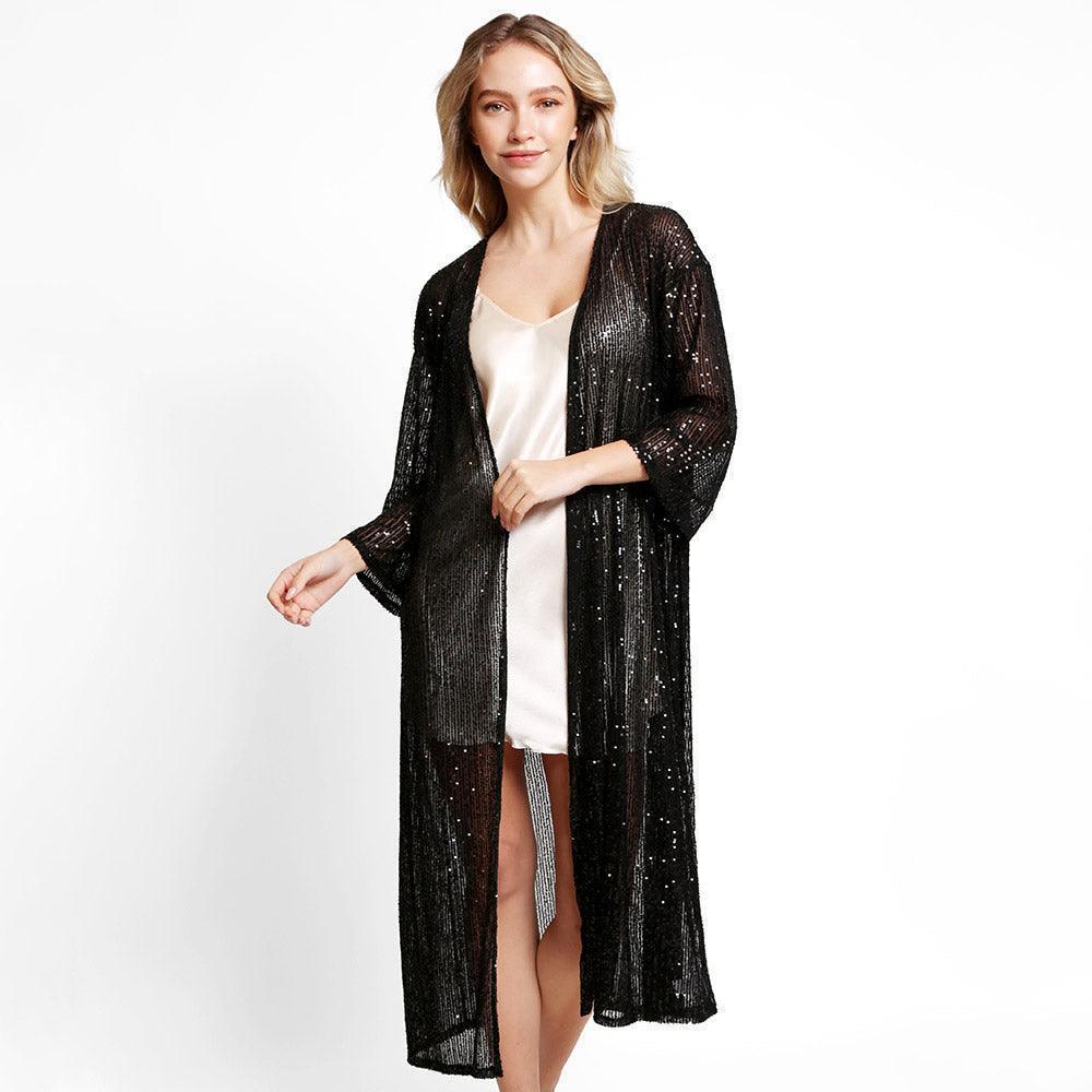 Black Sequin Long Cover-Up Kimono Poncho - Jewelry Store by Erik Rayo