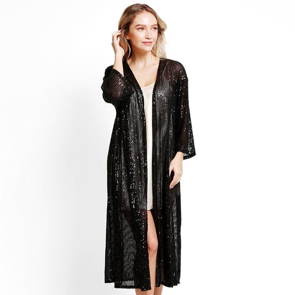 Black Sequin Long Cover-Up Kimono Poncho - Jewelry Store by Erik Rayo