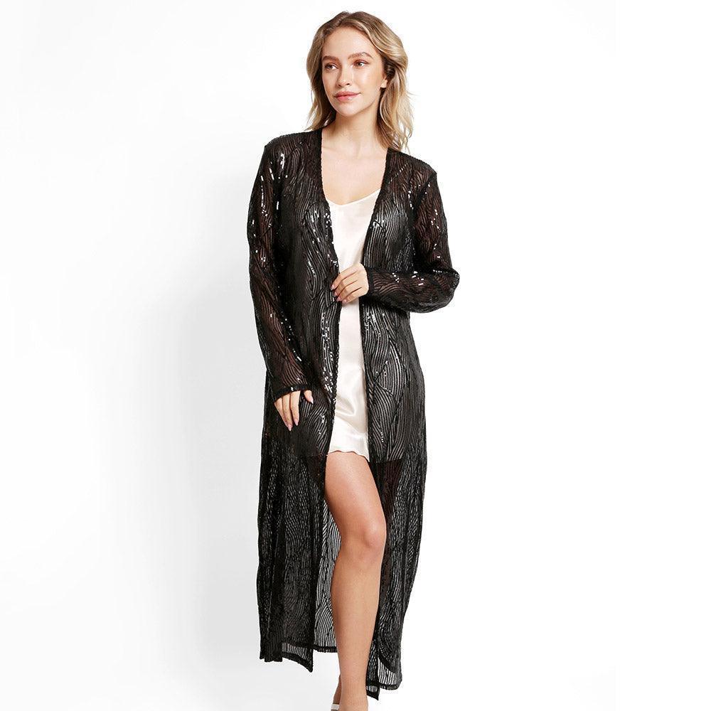 Black Sequin Long Cover-Up Kimono Poncho - Jewelry Store by Erik Rayo