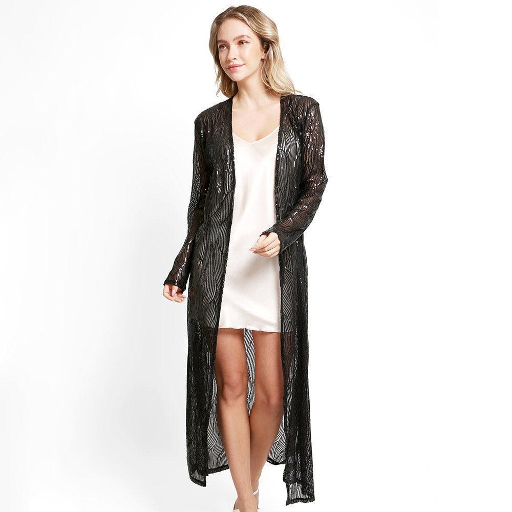 Black Sequin Long Cover-Up Kimono Poncho - Jewelry Store by Erik Rayo