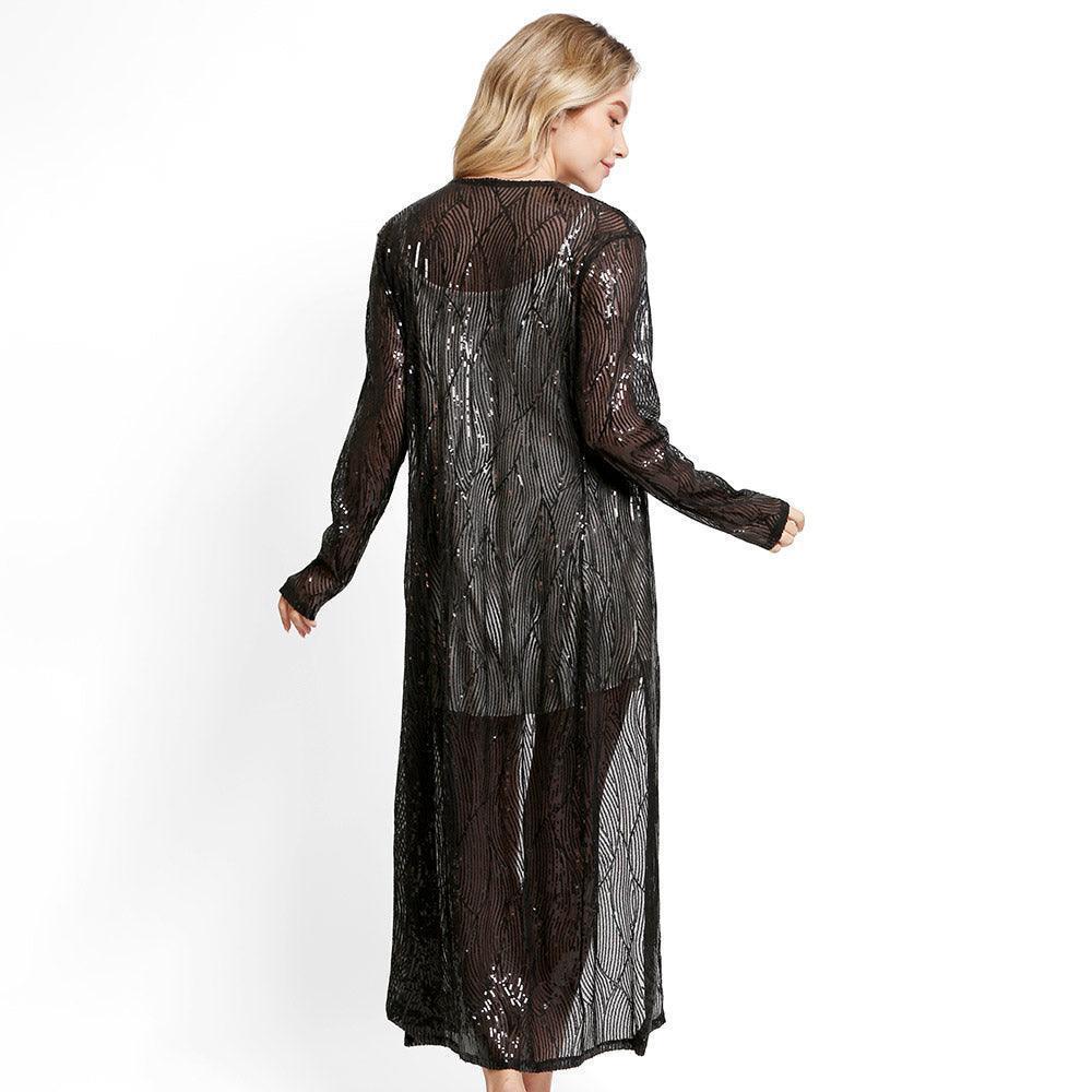 Black Sequin Long Cover-Up Kimono Poncho - Jewelry Store by Erik Rayo