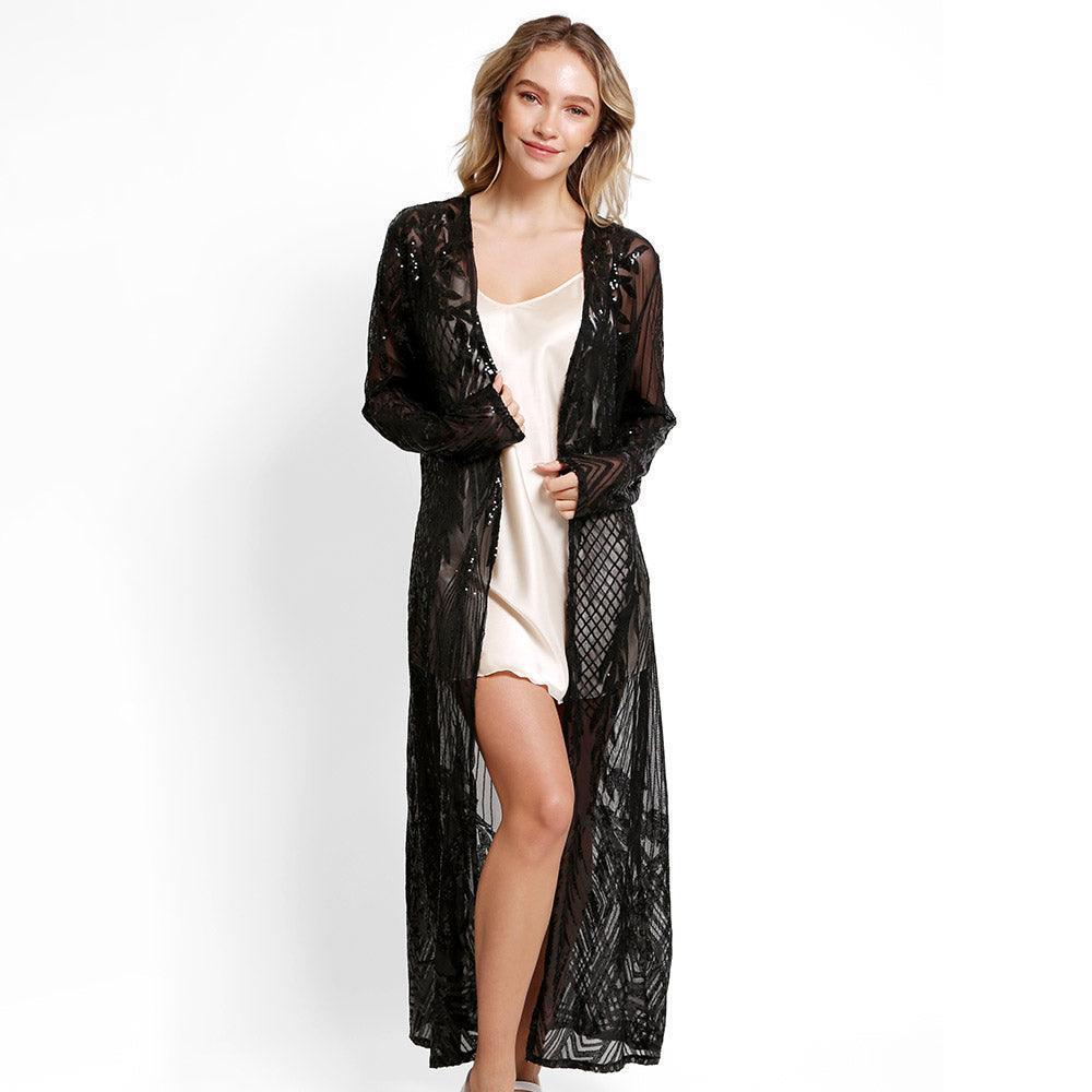 Black Leaves Pattern Sequin Long Cover-Up Kimono Poncho - Jewelry Store by Erik Rayo