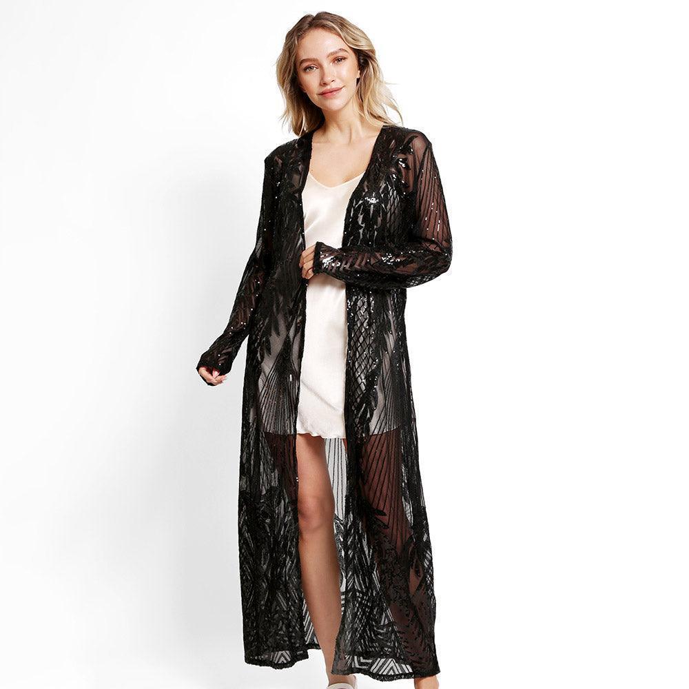 Black Leaves Pattern Sequin Long Cover-Up Kimono Poncho - Jewelry Store by Erik Rayo
