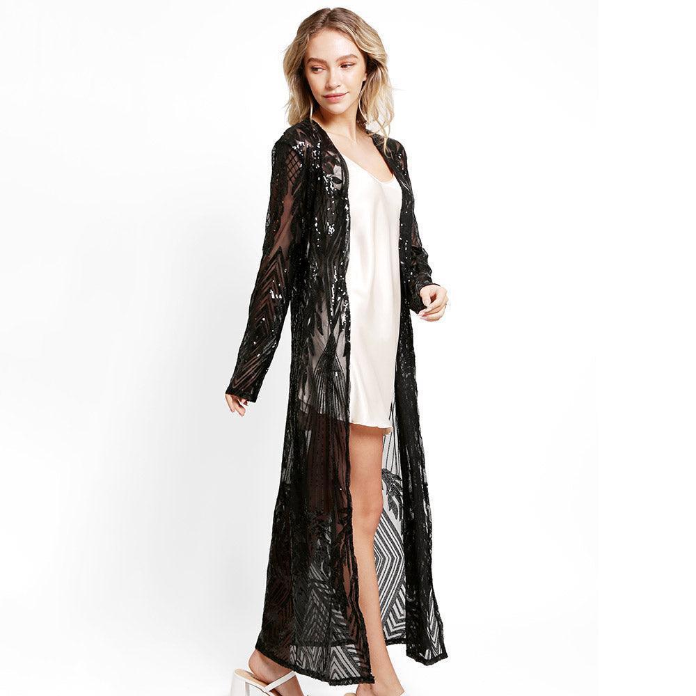 Black Leaves Pattern Sequin Long Cover-Up Kimono Poncho - Jewelry Store by Erik Rayo