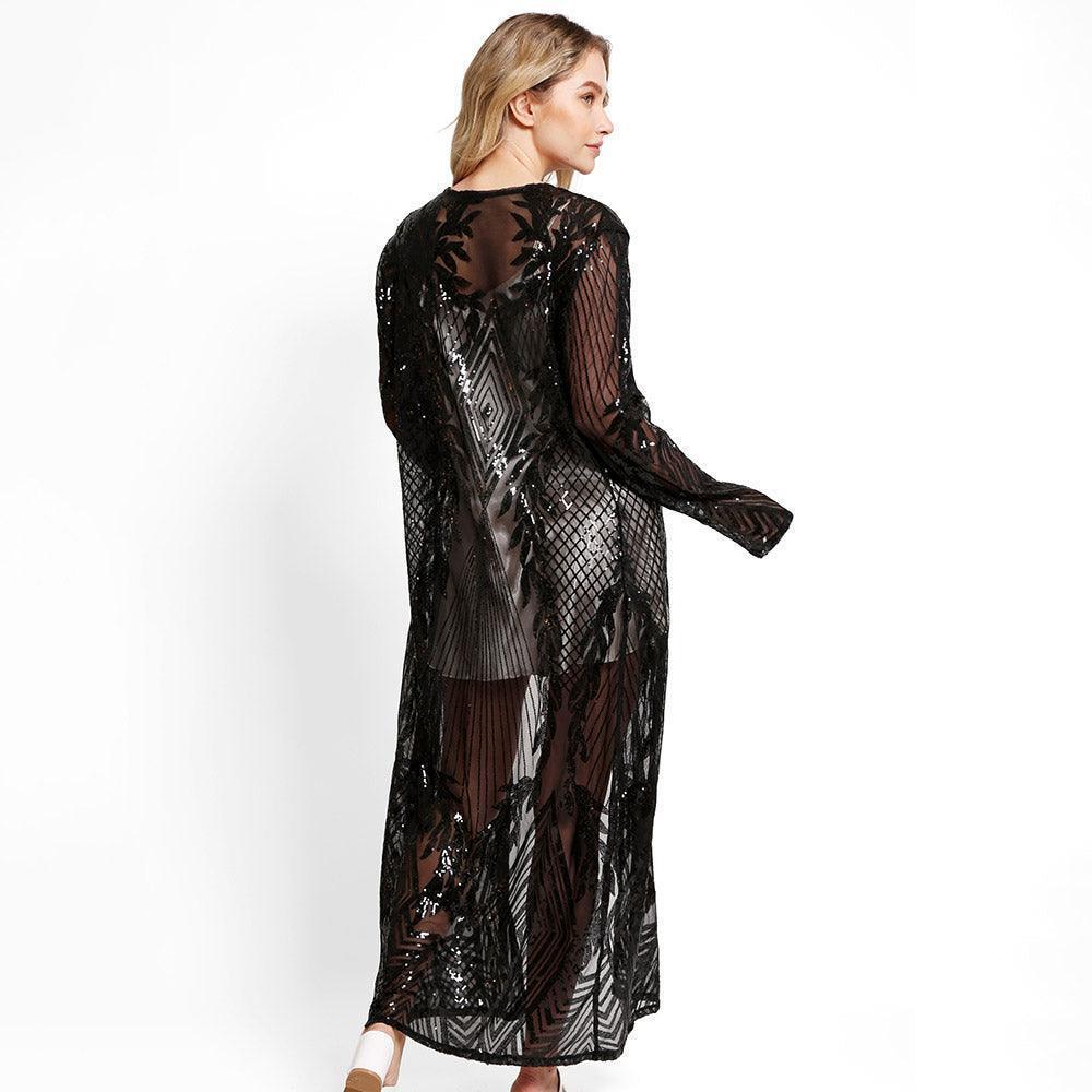 Black Leaves Pattern Sequin Long Cover-Up Kimono Poncho - Jewelry Store by Erik Rayo