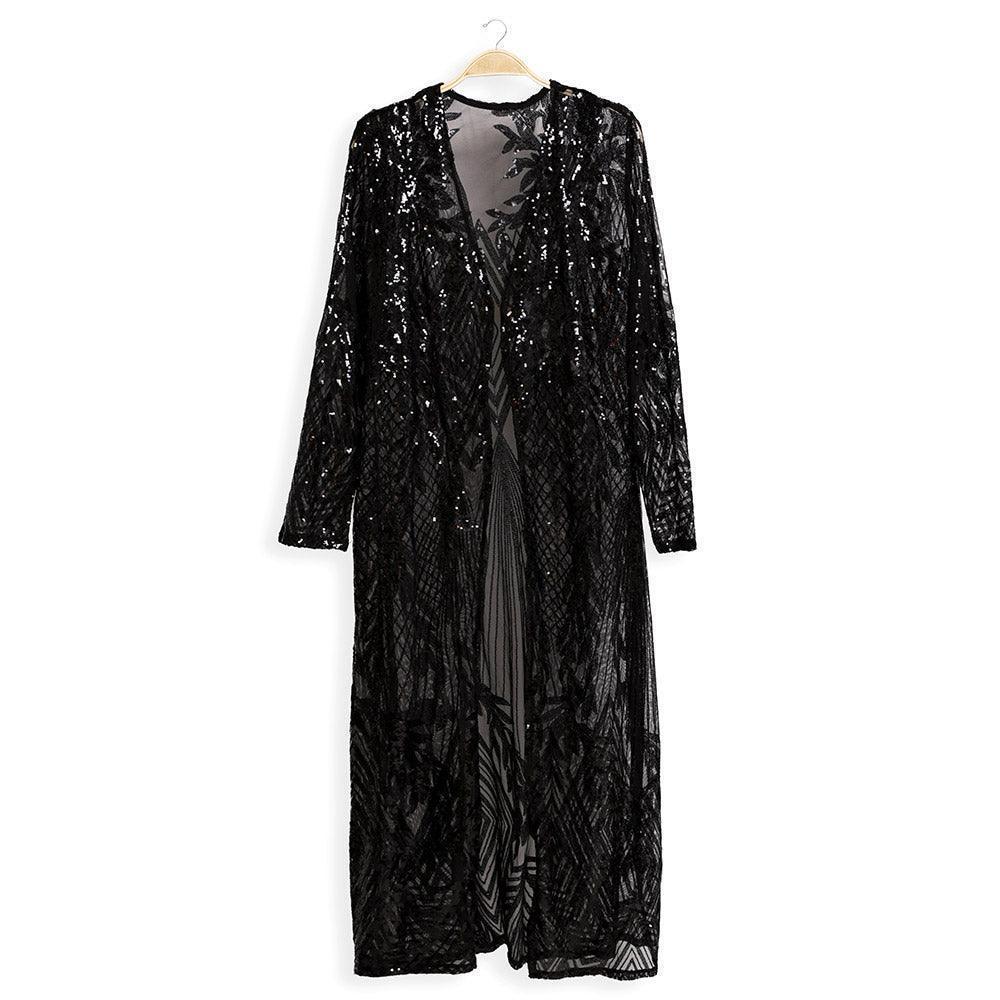 Black Leaves Pattern Sequin Long Cover-Up Kimono Poncho - Jewelry Store by Erik Rayo