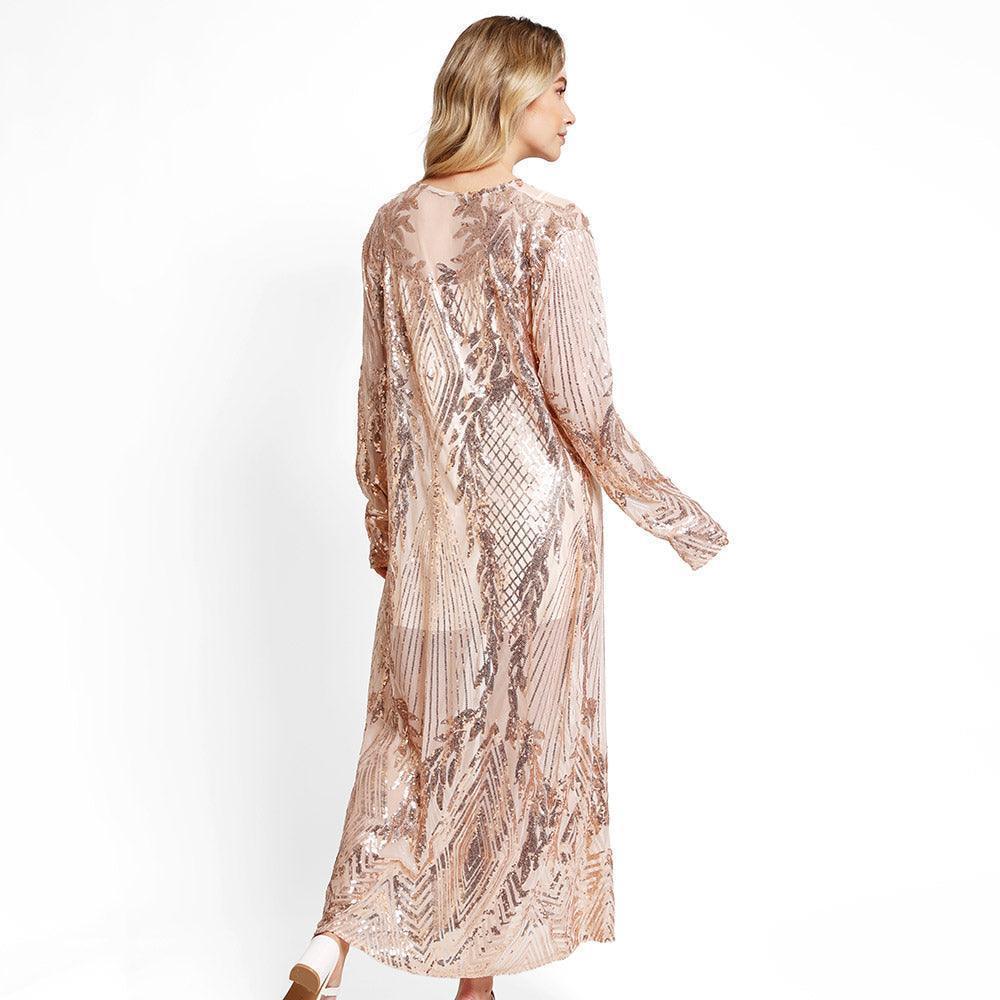 Rose Gold Leaves Pattern Sequin Long Cover-Up Kimono Poncho - Jewelry Store by Erik Rayo