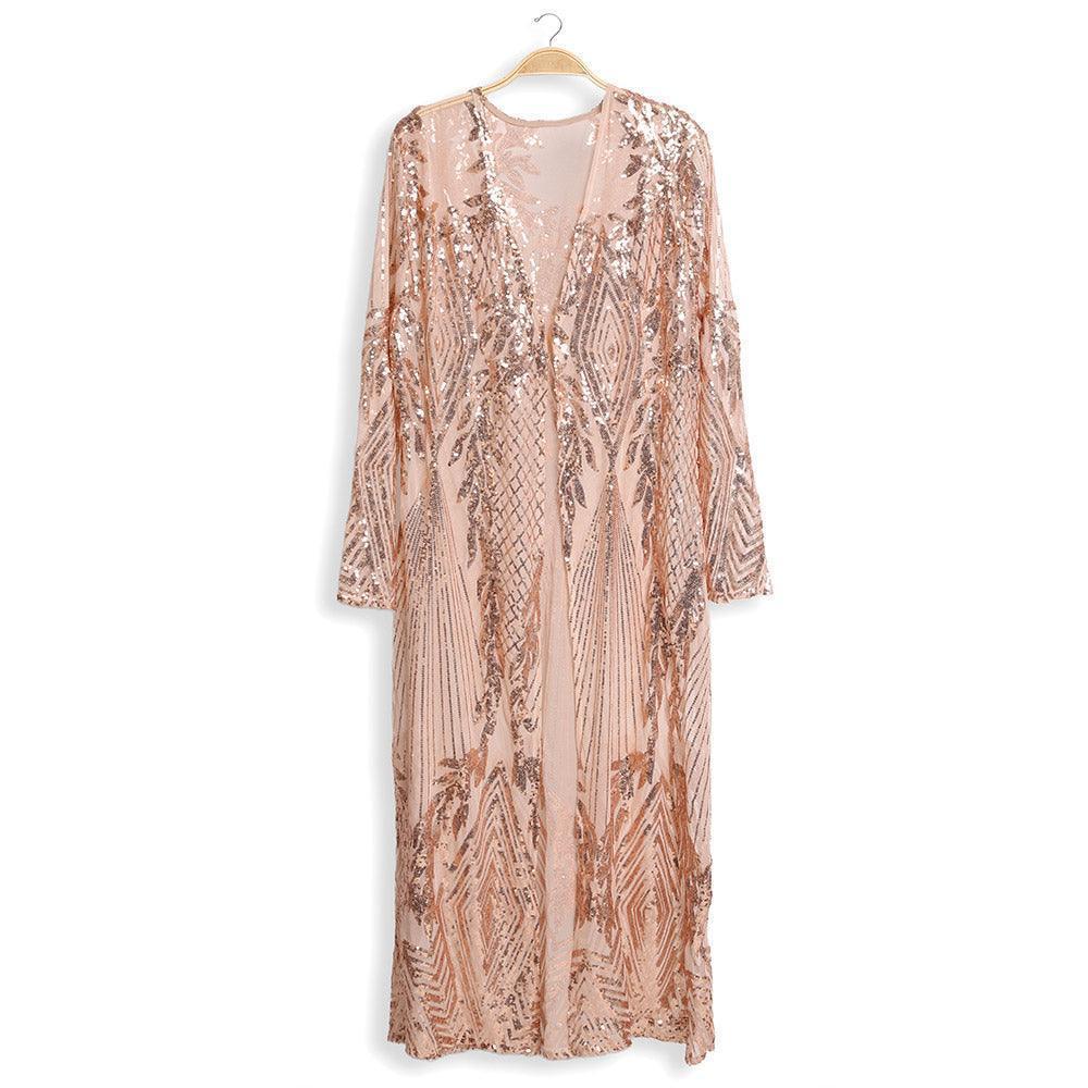 Rose Gold Leaves Pattern Sequin Long Cover-Up Kimono Poncho - Jewelry Store by Erik Rayo
