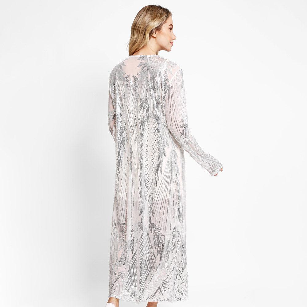 Silver Leaves Pattern Sequin Long Cover-Up Kimono Poncho - Jewelry Store by Erik Rayo