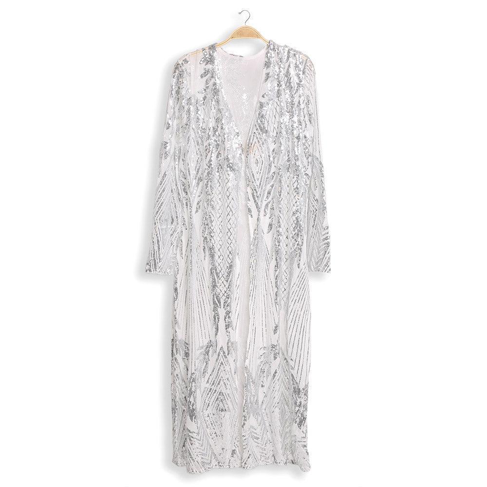 Silver Leaves Pattern Sequin Long Cover-Up Kimono Poncho - Jewelry Store by Erik Rayo