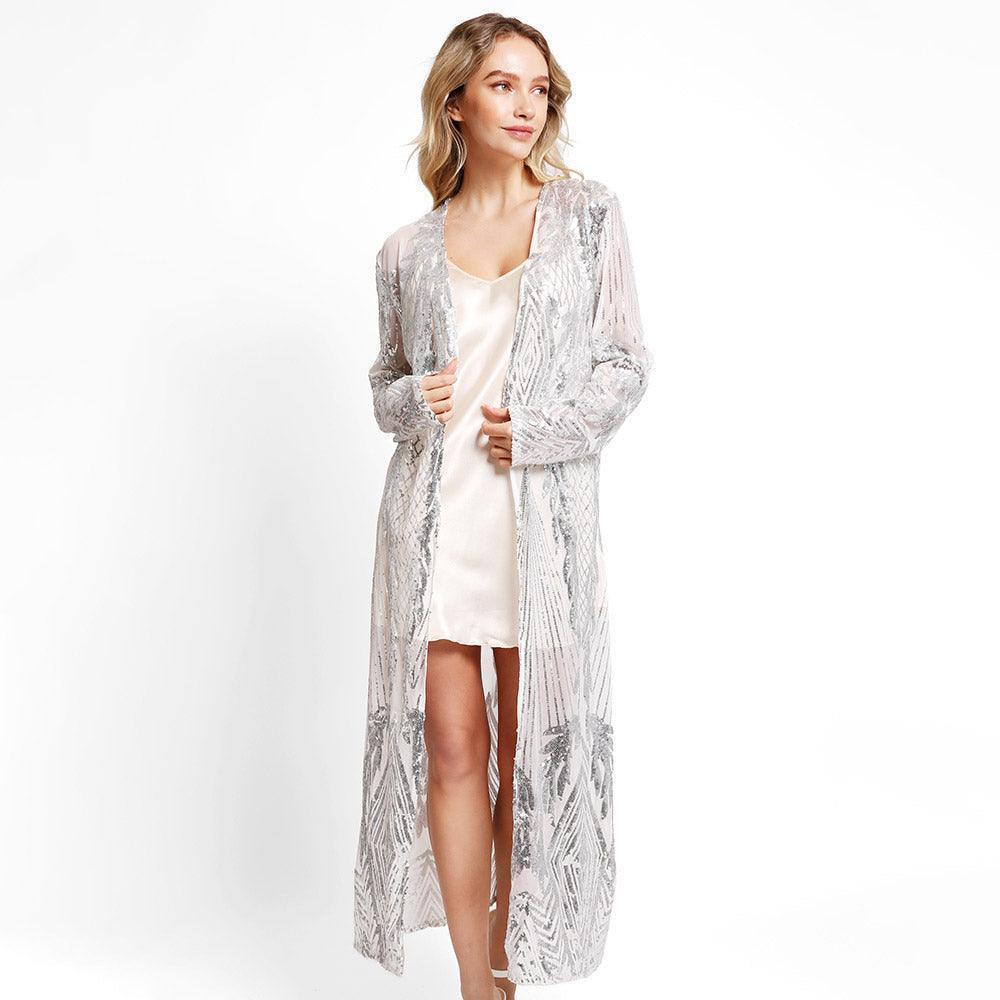 Silver Leaves Pattern Sequin Long Cover-Up Kimono Poncho - Jewelry Store by Erik Rayo