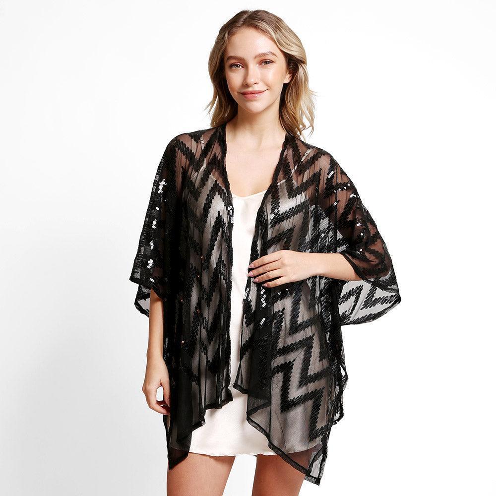 Black Zig Zag Pattern Sequin Cover-Up Kimono Poncho - Jewelry Store by Erik Rayo