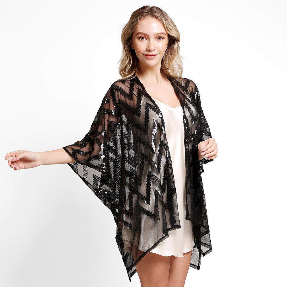 Black Zig Zag Pattern Sequin Cover-Up Kimono Poncho - Jewelry Store by Erik Rayo