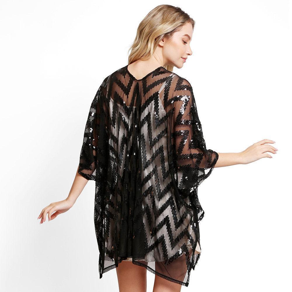 Black Zig Zag Pattern Sequin Cover-Up Kimono Poncho - Jewelry Store by Erik Rayo
