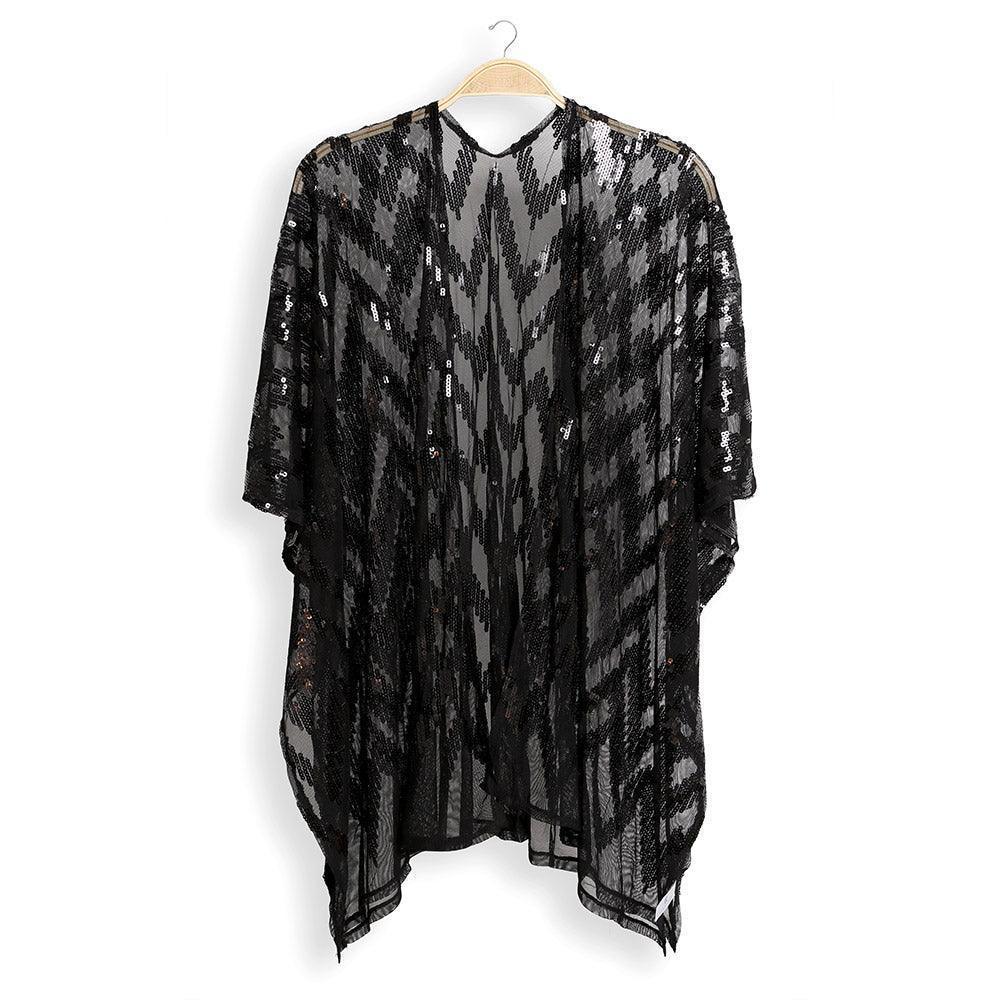 Black Zig Zag Pattern Sequin Cover-Up Kimono Poncho - Jewelry Store by Erik Rayo