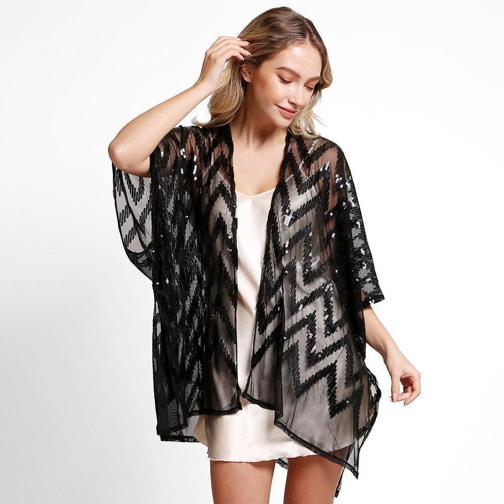 Black Zig Zag Pattern Sequin Cover-Up Kimono Poncho - Jewelry Store by Erik Rayo