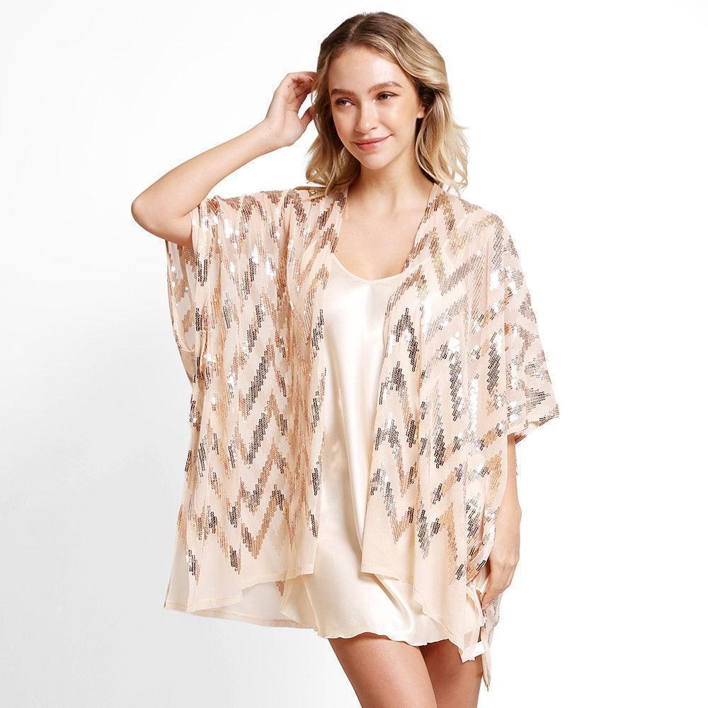 Rose Gold Zig Zag Pattern Sequin Cover-Up Kimono Poncho - Jewelry Store by Erik Rayo
