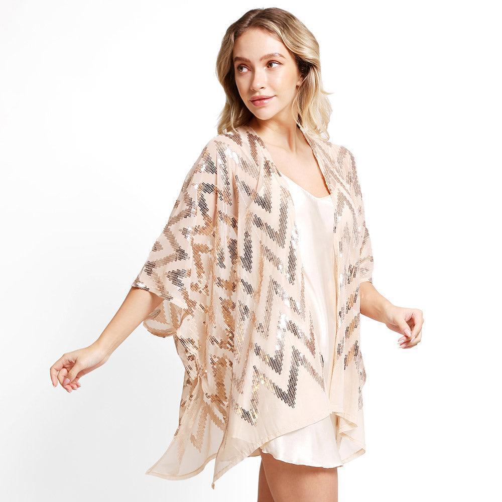 Rose Gold Zig Zag Pattern Sequin Cover-Up Kimono Poncho - Jewelry Store by Erik Rayo