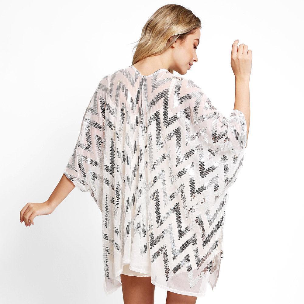Silver Zig Zag Pattern Sequin Cover-Up Kimono Poncho - Jewelry Store by Erik Rayo