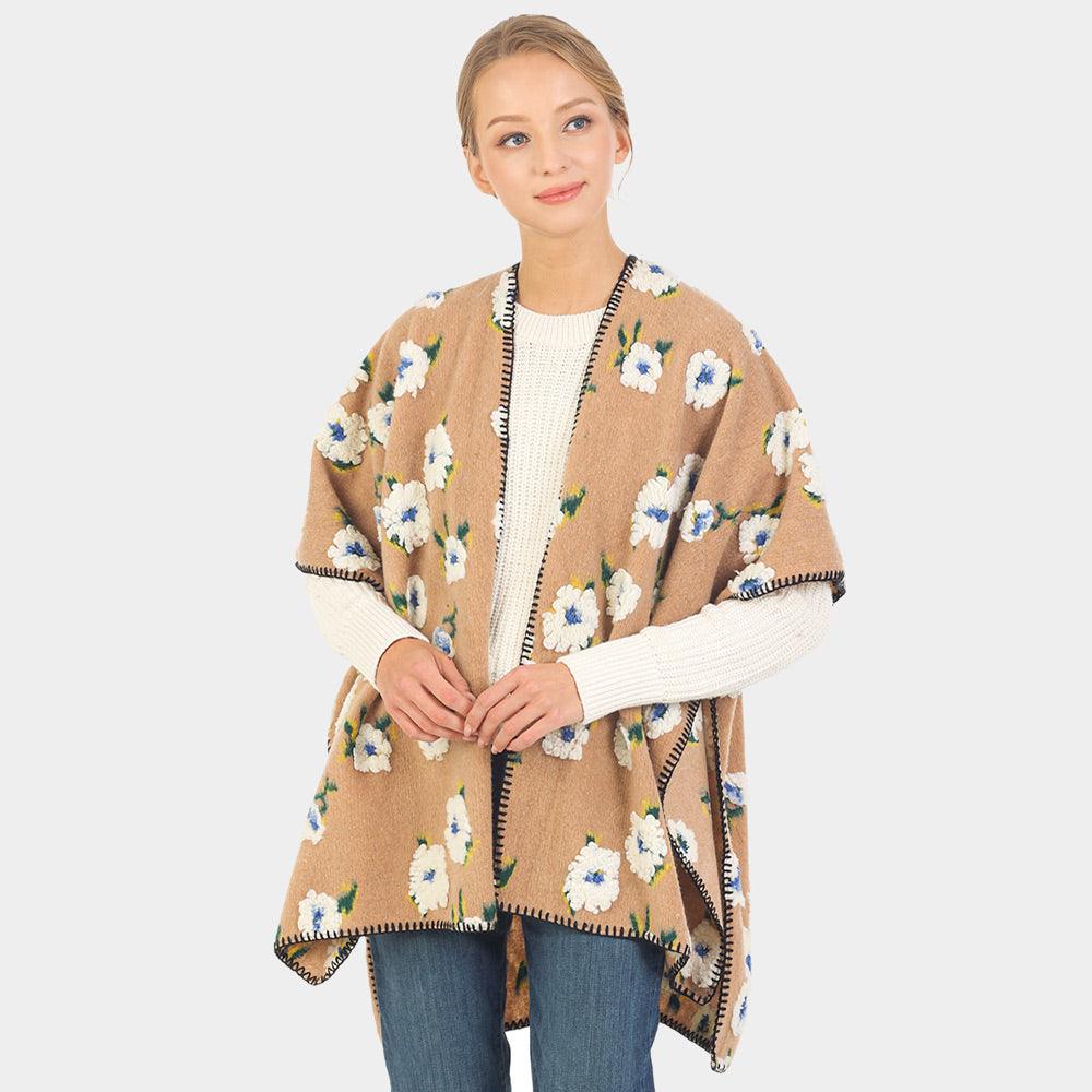 Beige Floral Pattern Wool Blended Winter Kimono Poncho