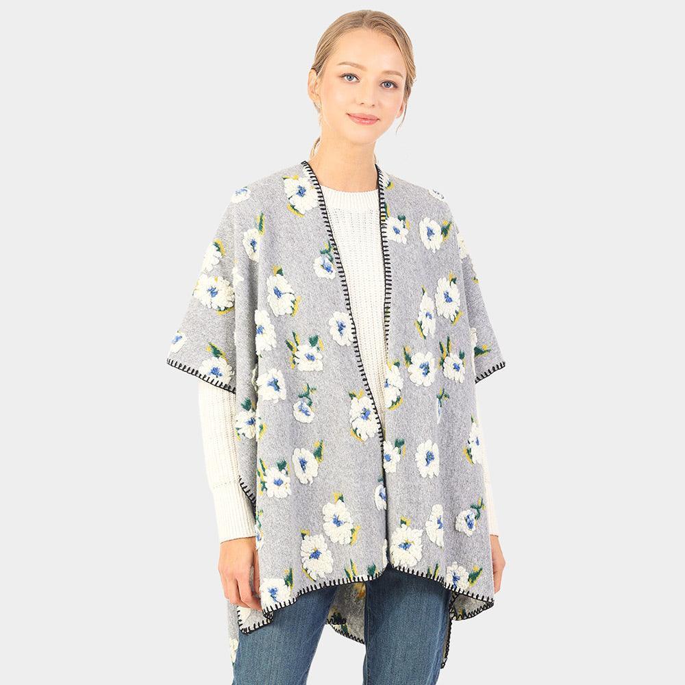 Gray Floral Pattern Wool Blended Winter Kimono Poncho - Jewelry Store by Erik Rayo