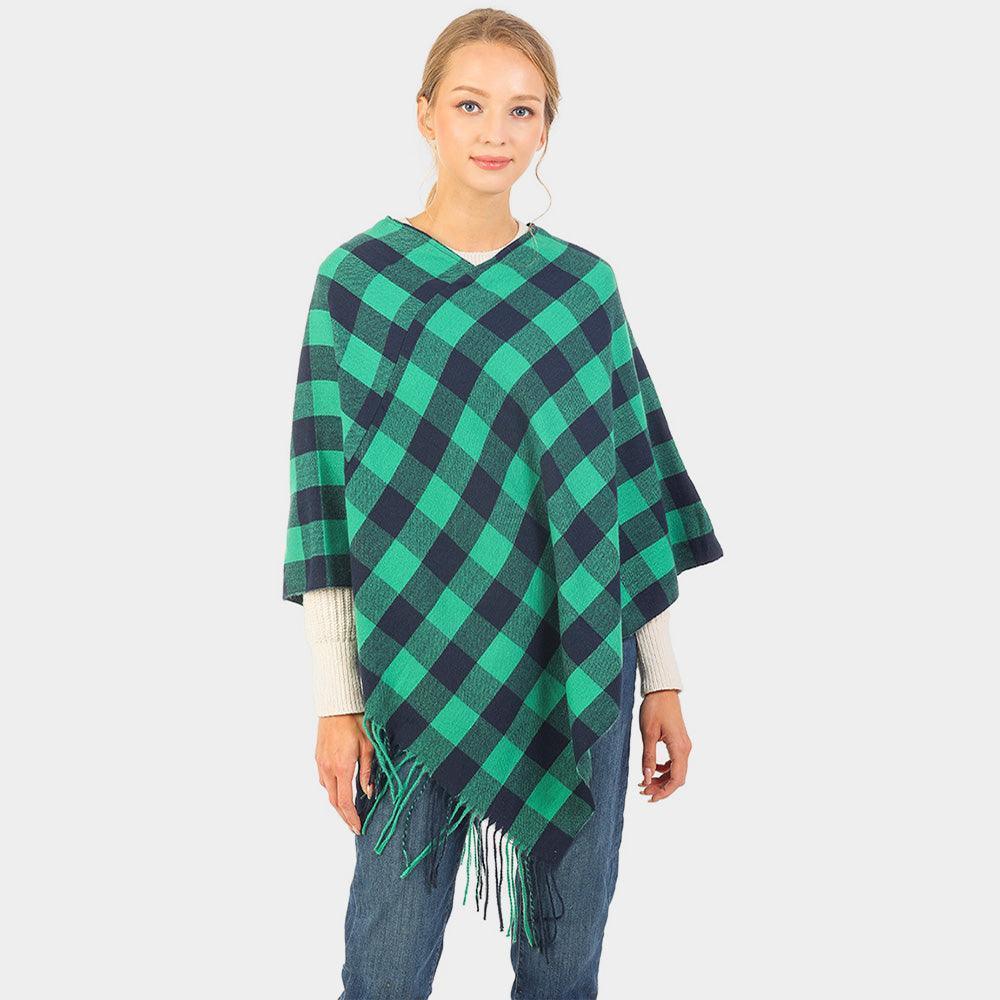 Green Buffalo Plaid Pattern Soft Poncho - Jewelry Store by Erik Rayo