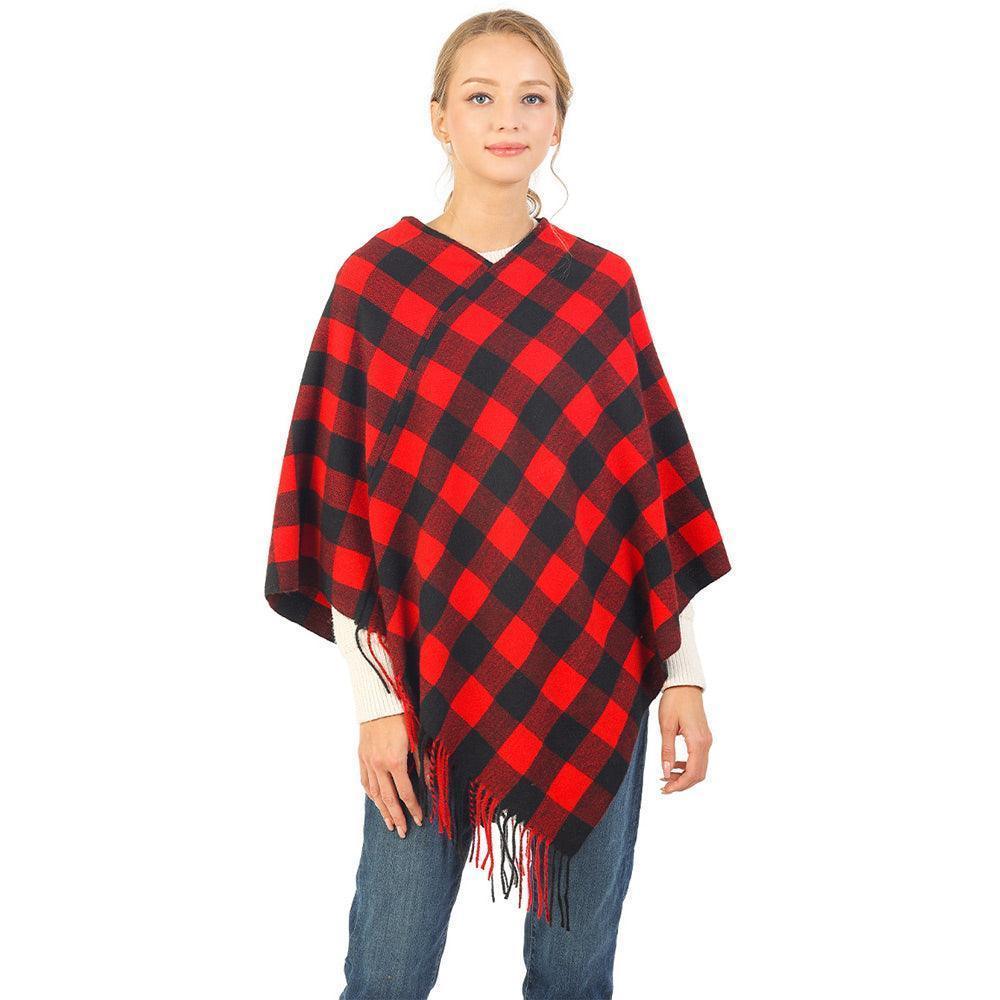 Red Buffalo Plaid Pattern Soft Poncho - Jewelry Store by Erik Rayo