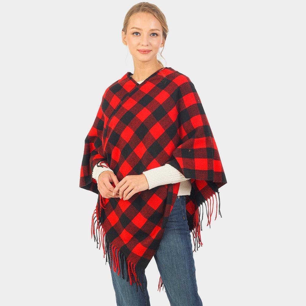 Red Buffalo Plaid Pattern Soft Poncho - Jewelry Store by Erik Rayo