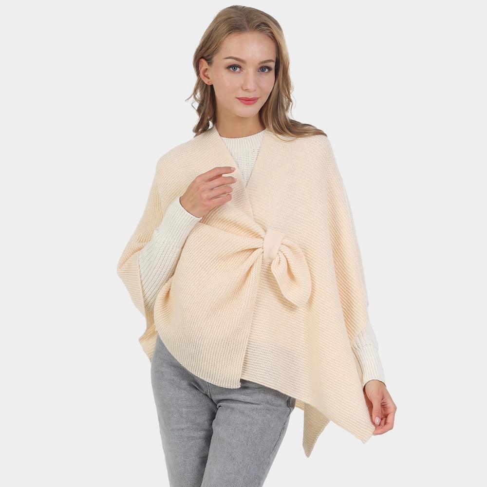 Cream Solid Knit Pull Through Cape Poncho