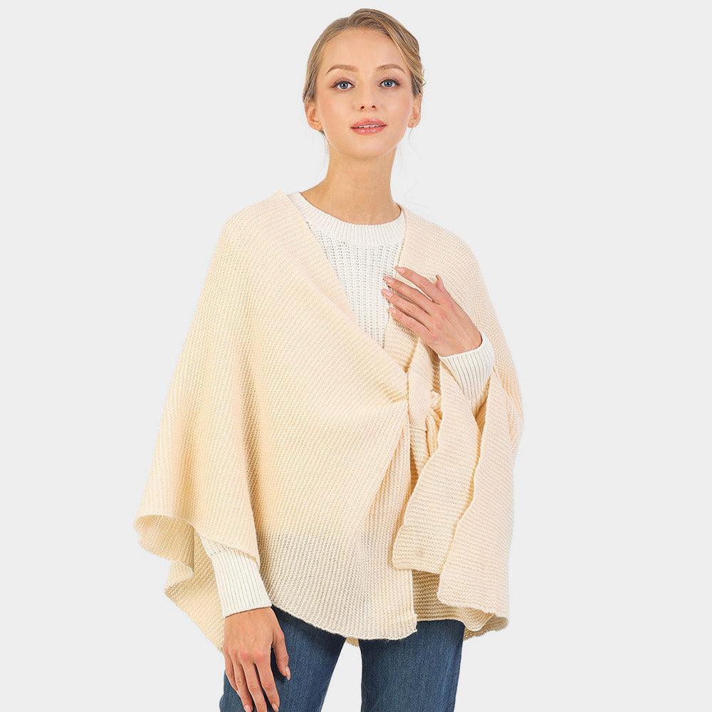 Cream Solid Knit Pull Through Cape Poncho - Jewelry Store by Erik Rayo