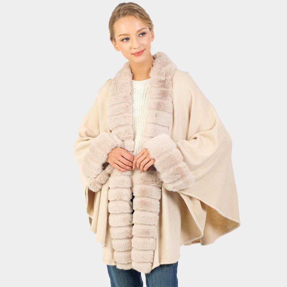 Beige Faux Fur Trimmed Solid Long Shawl Poncho Cape - Jewelry Store by Erik Rayo